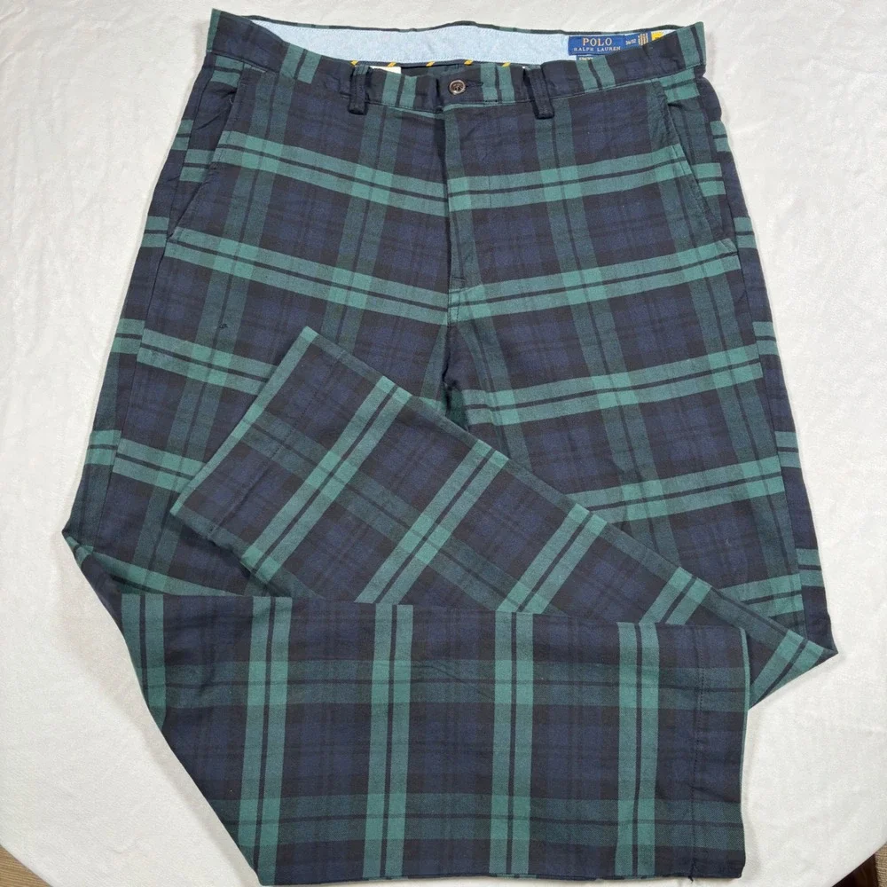 Polo Ralph Lauren Chino Pants Mens 34x32 Green Black Watch Plaid Stretch - Picture 1 of 14